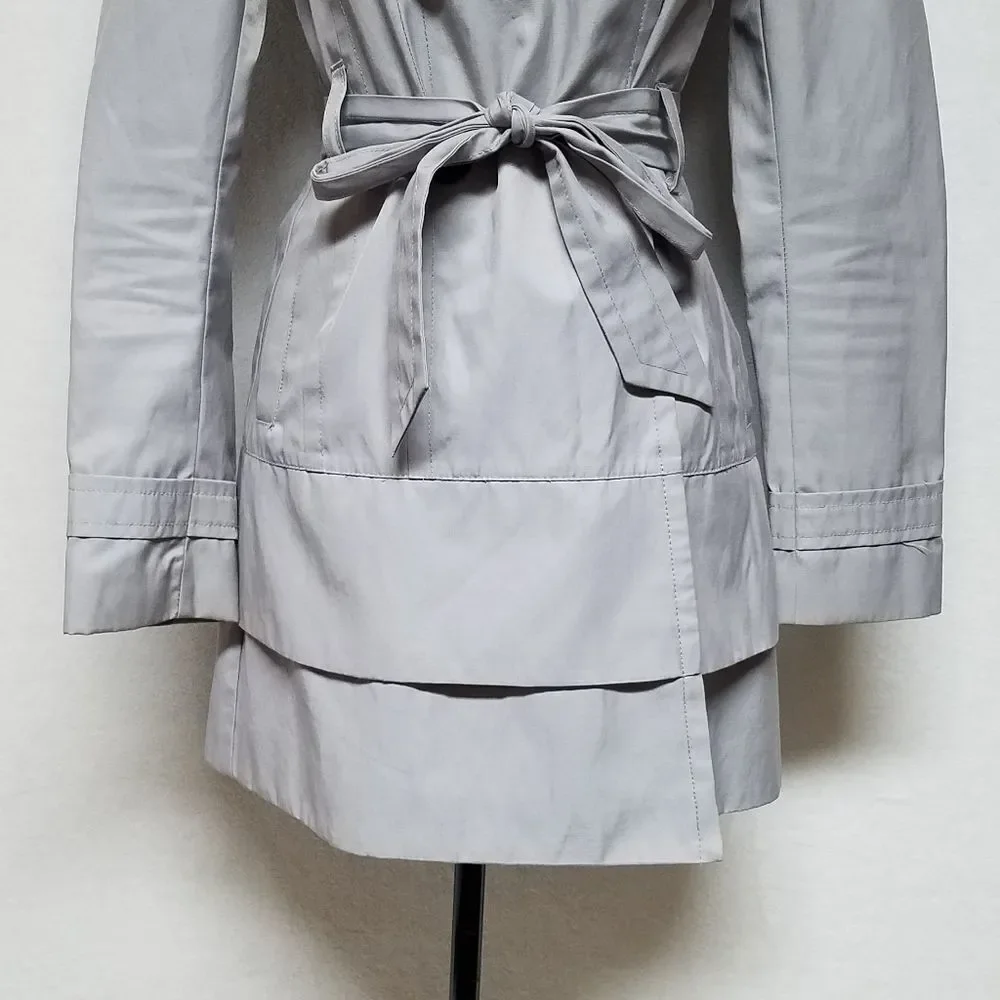 BLACK Rivet Dove Gray Belted Layered  Puff Shoulder Trench Coat Over Coat Small